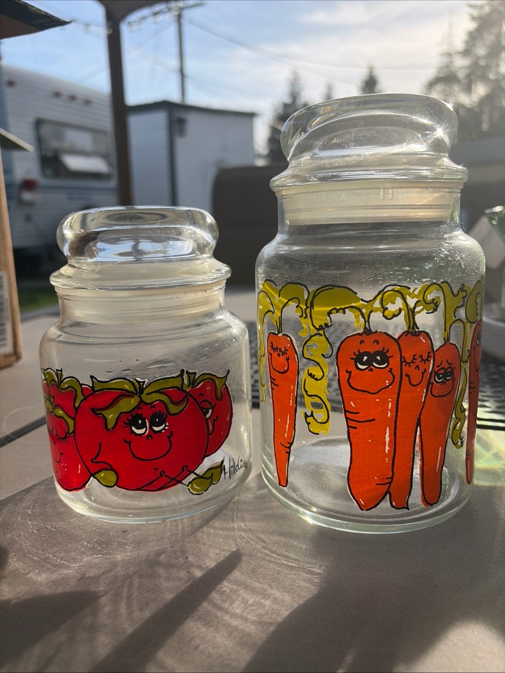 Anchor Hocking ~ Hildi Glass Canister Set with Red Tomatos and Orange Carrots